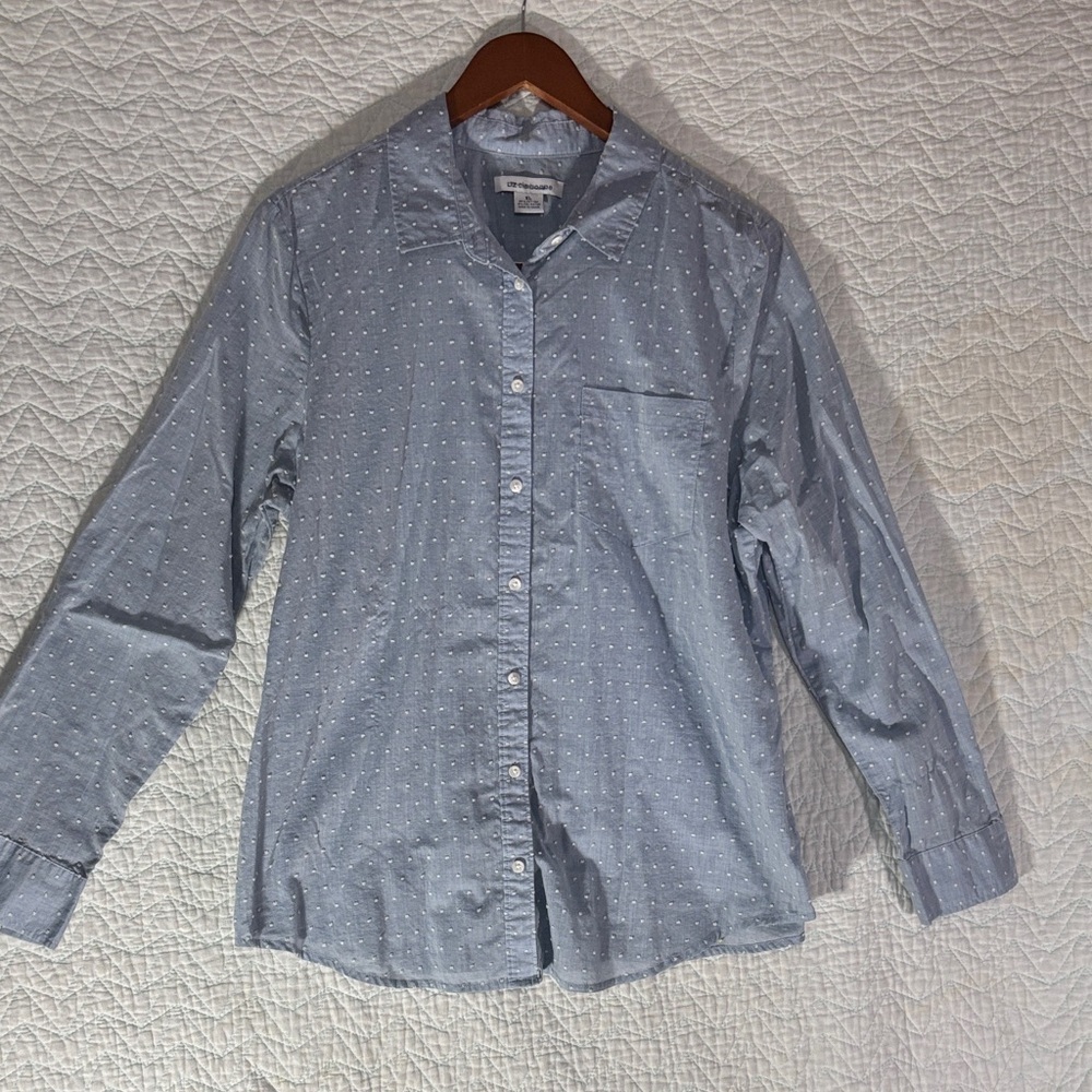 Liz Claiborne Sky Blue Button Down Shirt Swiss Dot Cotton Blend